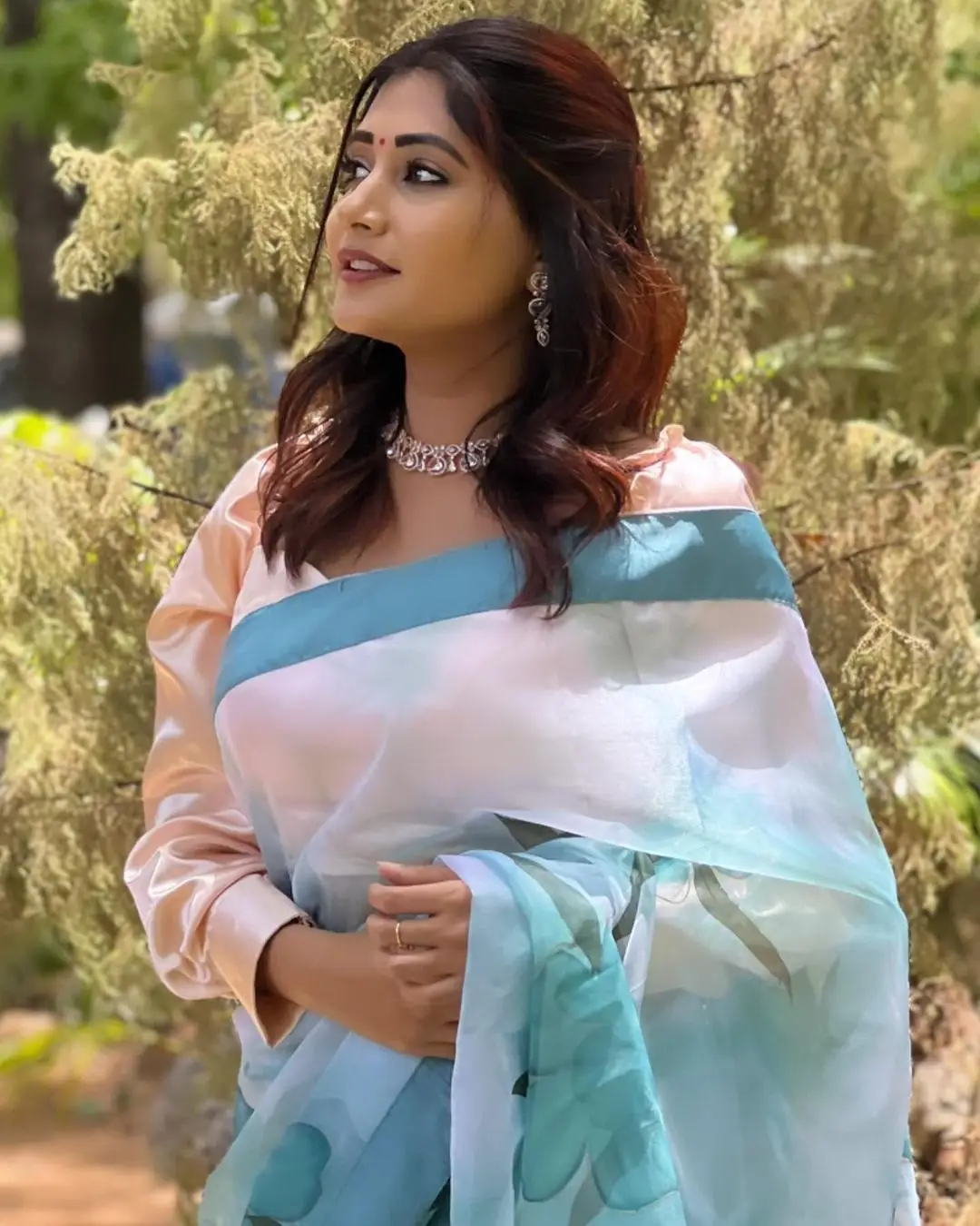 Vasanthi Krishnan Wearing Blue Saree Pink Blouse